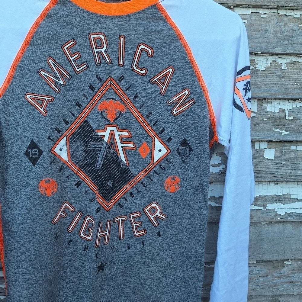 🌟 American Fighter Gray and Orange Long Sleeve Tee Size Medium